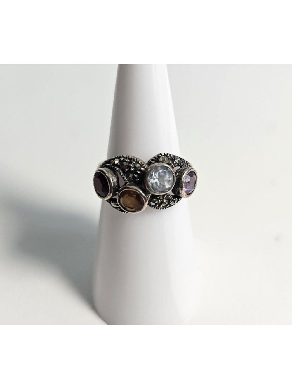 Vintage Gemstone Ring 925 Sterling Silver Marcasite Garnet Aquamarine Amethyst